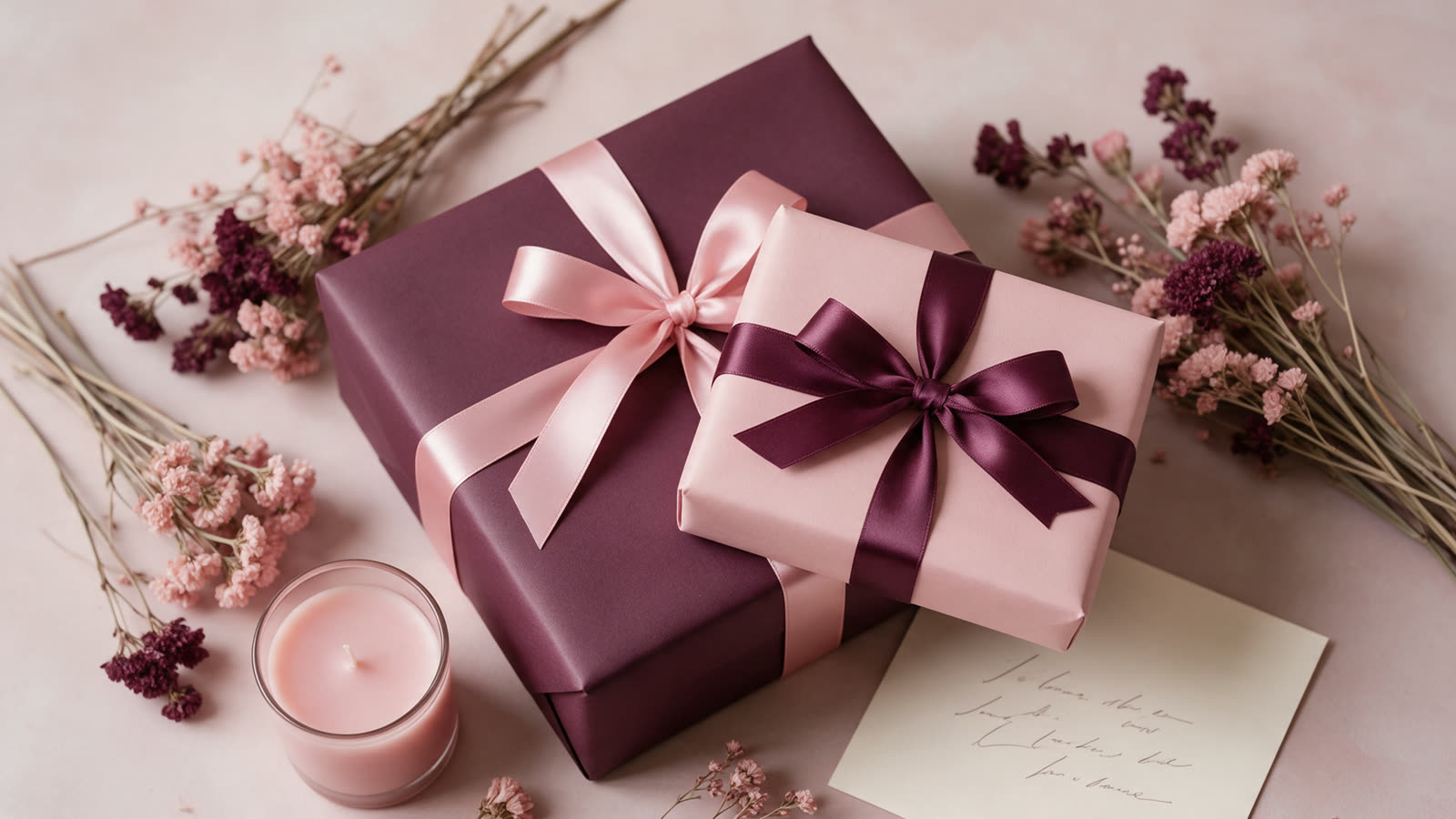 AdoreItAll.com: brandable gift and lifestyle domain Flat lay of gift boxes with satin ribbons, dried flowers and candles in blush pink and plum