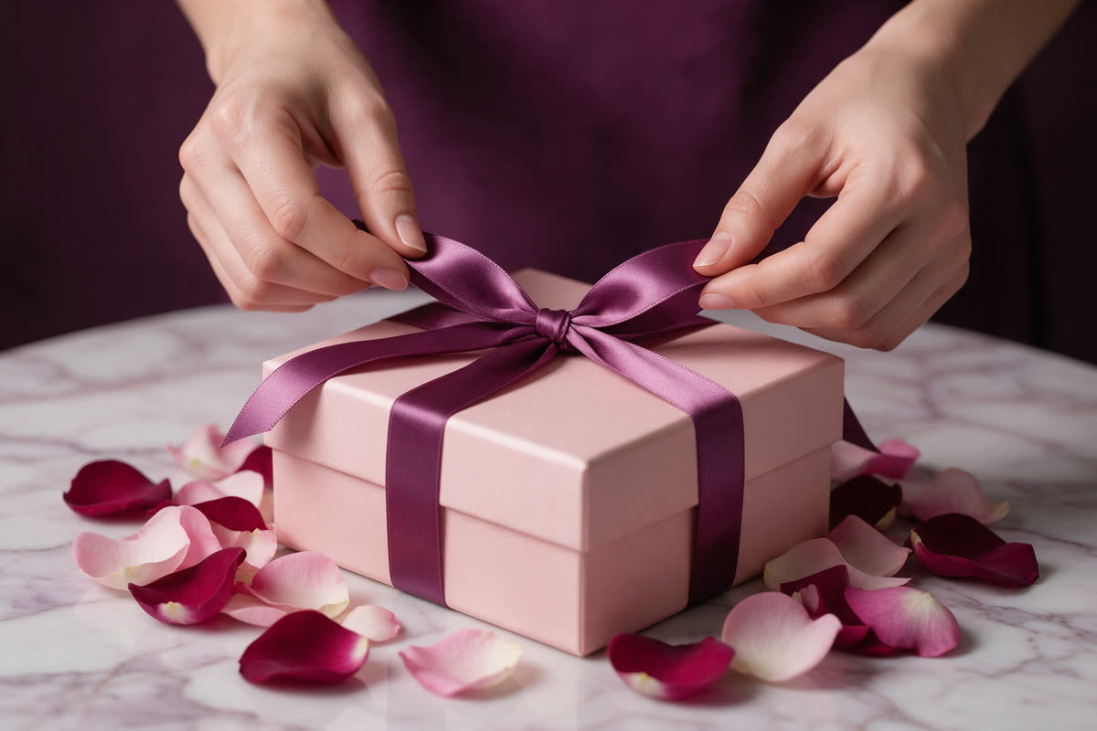 Wrapping a gift box Hands tying a satin ribbon bow on a pink gift box on a marble table