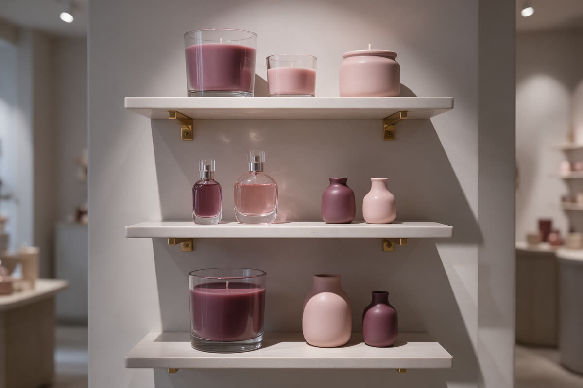 Boutique home and beauty display Boutique shelf with scented candles, perfume bottles and ceramic vases