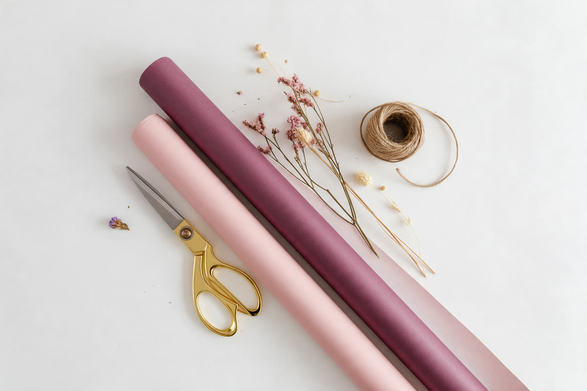 Gift wrap supplies flat lay Rolls of pink wrapping paper, gold scissors and dried flowers on a white table